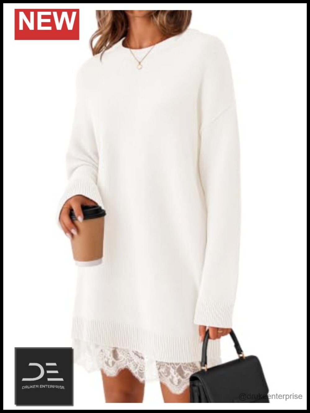 Womens Oversized Knit Sweater Dress Lace Hem Mini Crewneck